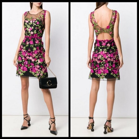 💕MARCHESA NOTTE💕 Sleeveless Embroidered Cocktail Dress ~ Black Floral Print 8 - Picture 1 of 16